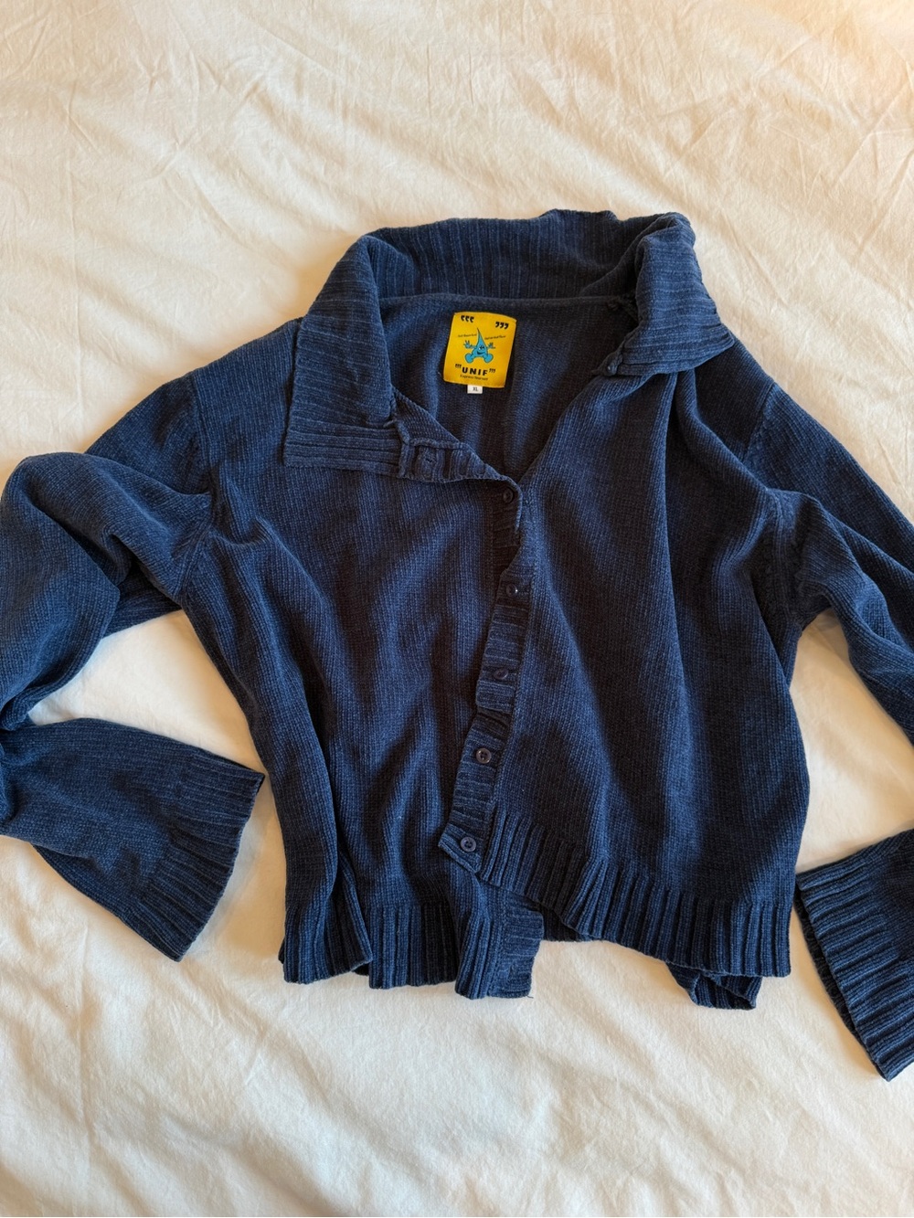 UNIF Navy Blue Ribbed Knit Cardigan Collared Button Up Bell Sleeve